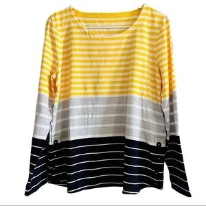 T by Talbots Yellow Black Gray & White Striped Top with Button Side Hem PL NWOT